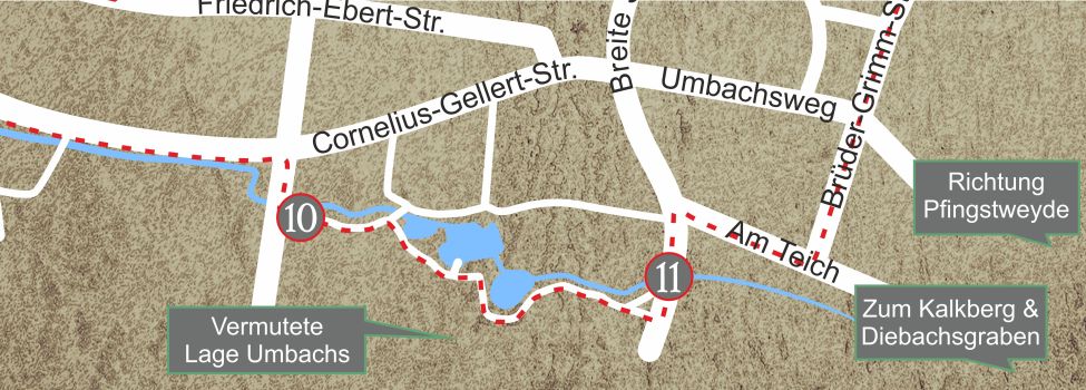 Folgen Sie dem Hauptweg rechts der Teiche, bis Sie an der Breiten Straße herauskommen.